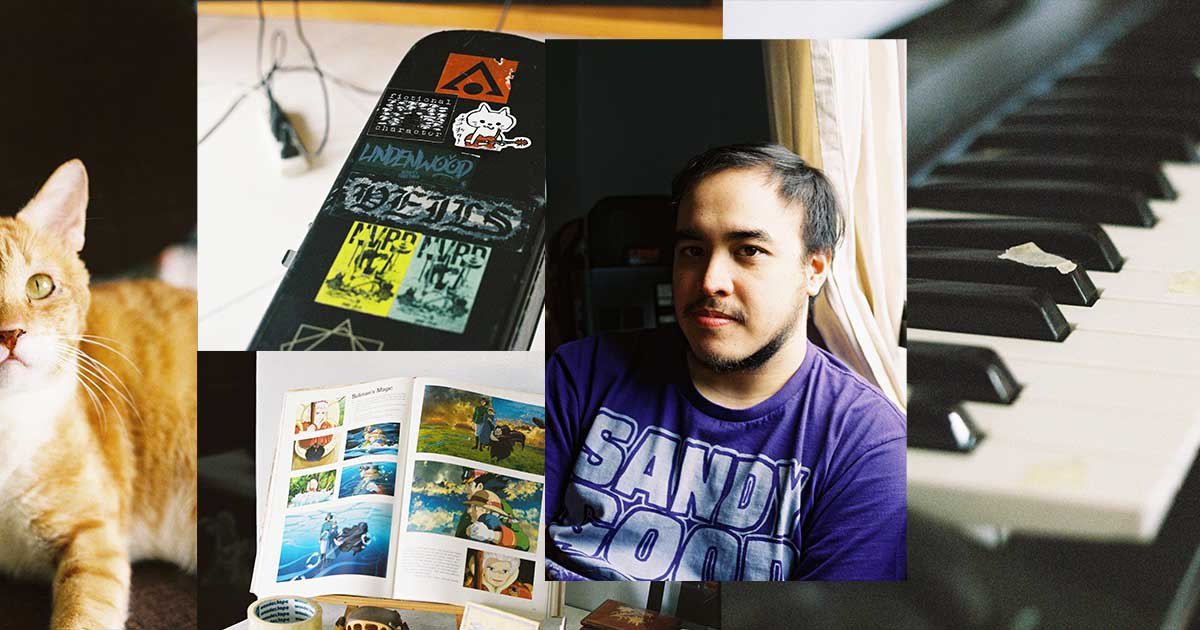 Collage of images including a man with dark hair and a purple shirt, a close-up of piano keys, a book with illustrated pages, a laptop decorated with stickers, and a ginger cat.