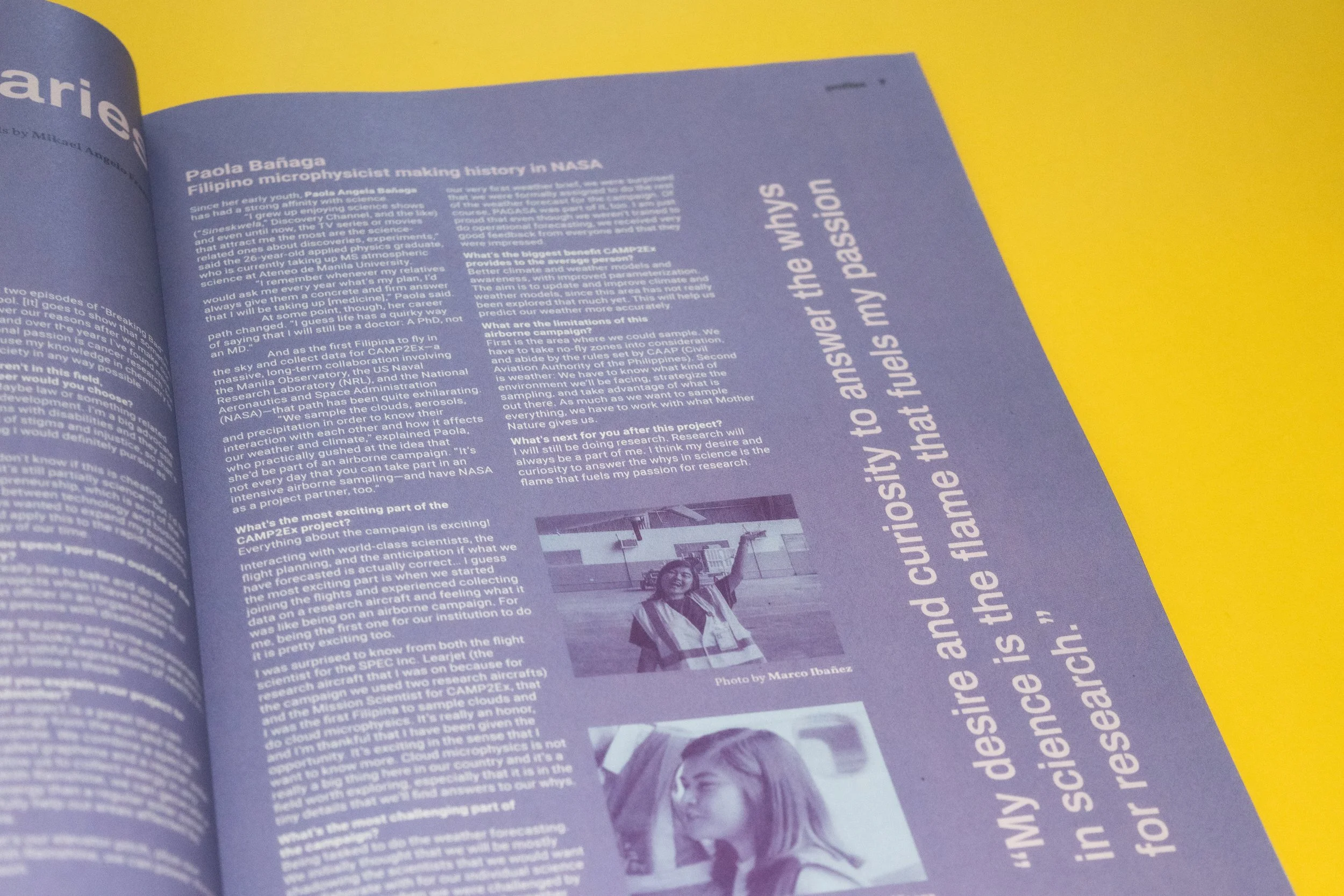An open magazine with article about a Filipino woman making history at NASA, featuring a photo of a woman in a lab coat standing outdoors, smiling, with her hand raised.