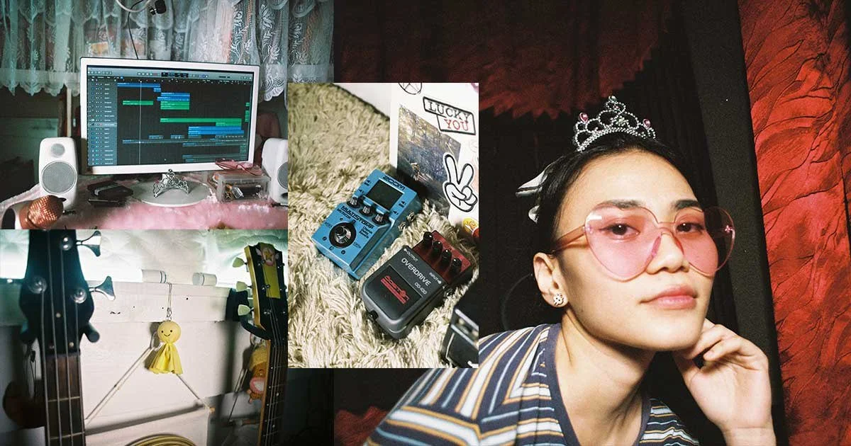 A collage of four photos: a music recording setup with a computer, speakers, and pink cloth; a close-up of a guitar and a yellow smiley face figure; a collection of guitar effect pedals; and a portrait of a woman wearing pink sunglasses, a tiara, and a striped shirt, sitting against a textured red wall.