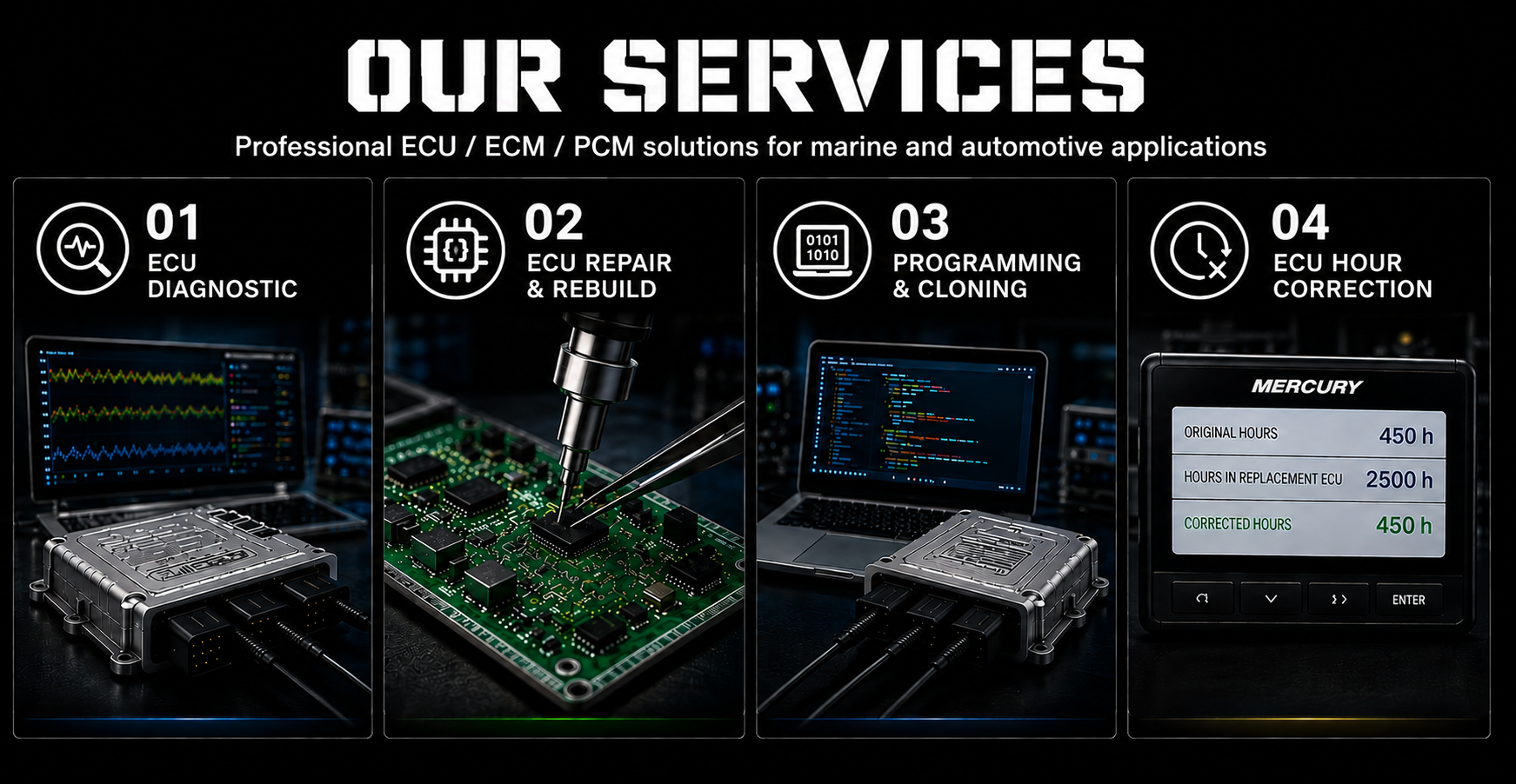 Marine and automotive ecu diagnostic,repair,cloning,programming and hours correction worldwide service.