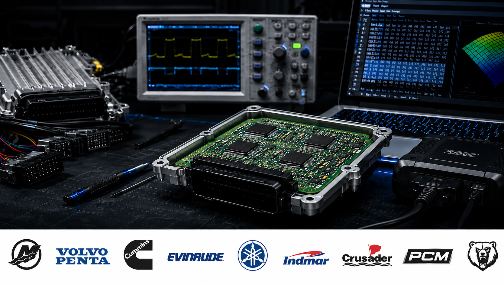 Marine ECU, ECM, EMM and PCM repair, diagnostics, bench testing and programming laboratory with oscilloscope, computer diagnostics and supported brands including Mercury, Volvo Penta, Cummins, Evinrude, Yamaha, Indmar, Crusader, PCM and Kodiak