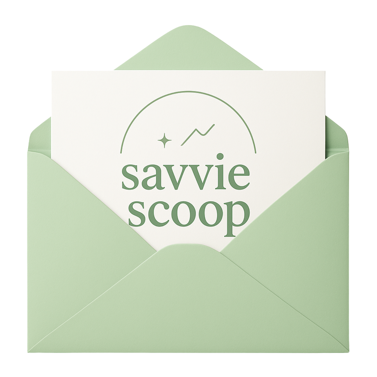 Light green envelope with a white card that says 'savie scoop' with minimalistic icons of a star, a mountain, and a circle