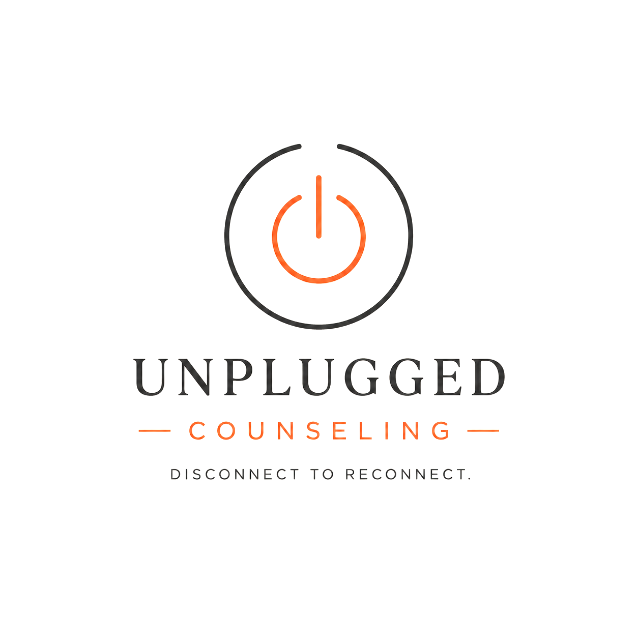 Logo for Unplugged Counseling featuring a power button symbol and tagline 'Disconnect to reconnect.'