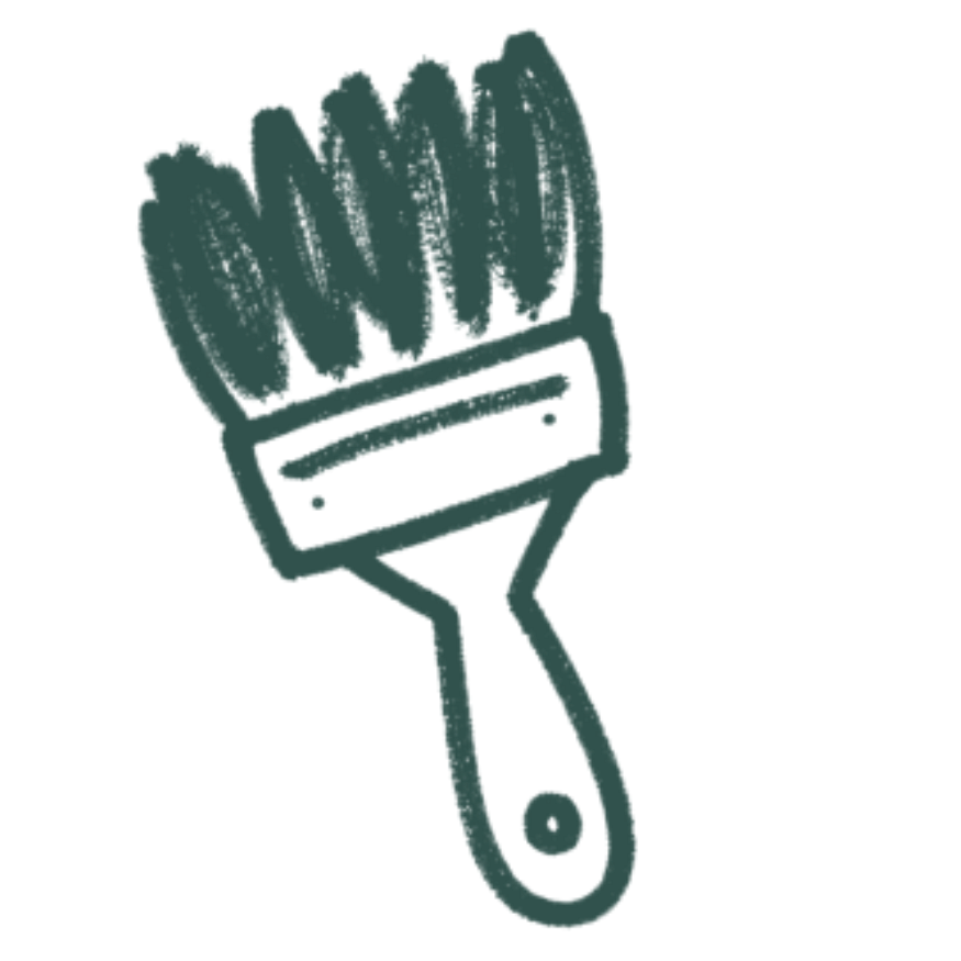 Simple line drawing of a paintbrush with bristles at the top and handle at the bottom.