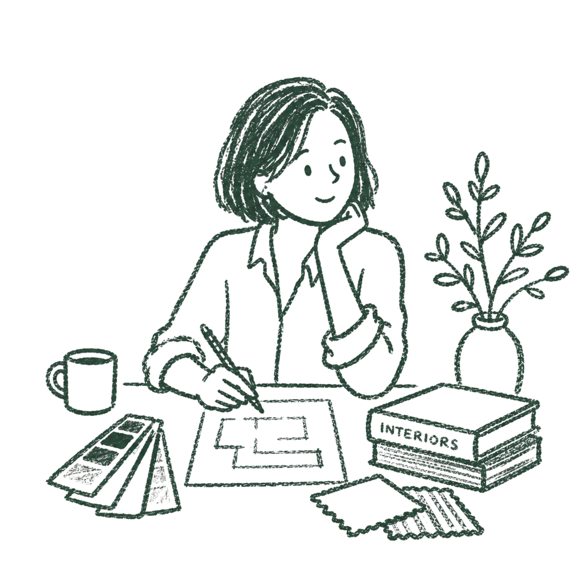 Line drawing of a woman with long hair, sitting at a desk with a coffee mug, small potted plant, and newspaper, writing with a pen.