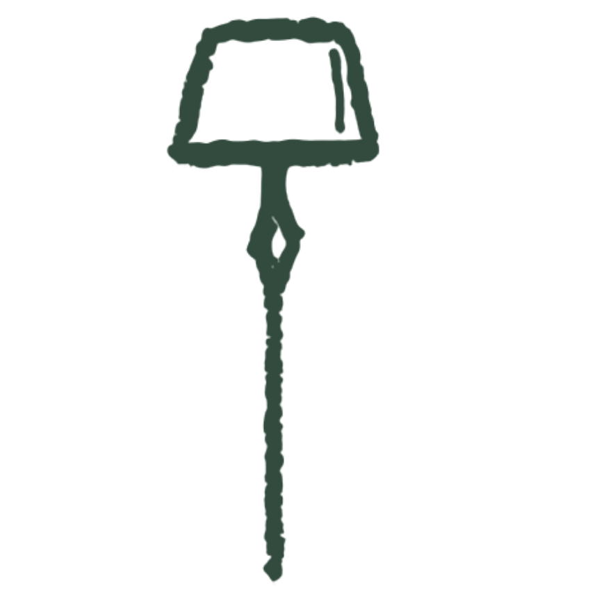 Hand-drawn green lamp with a lampshade, a narrow neck, and a pointed base.