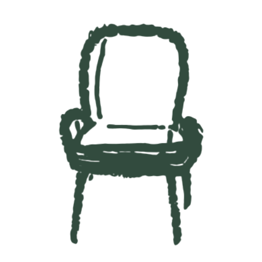 A simple, dark green sketch of a chair with armrests and a high backrest on a black background.
