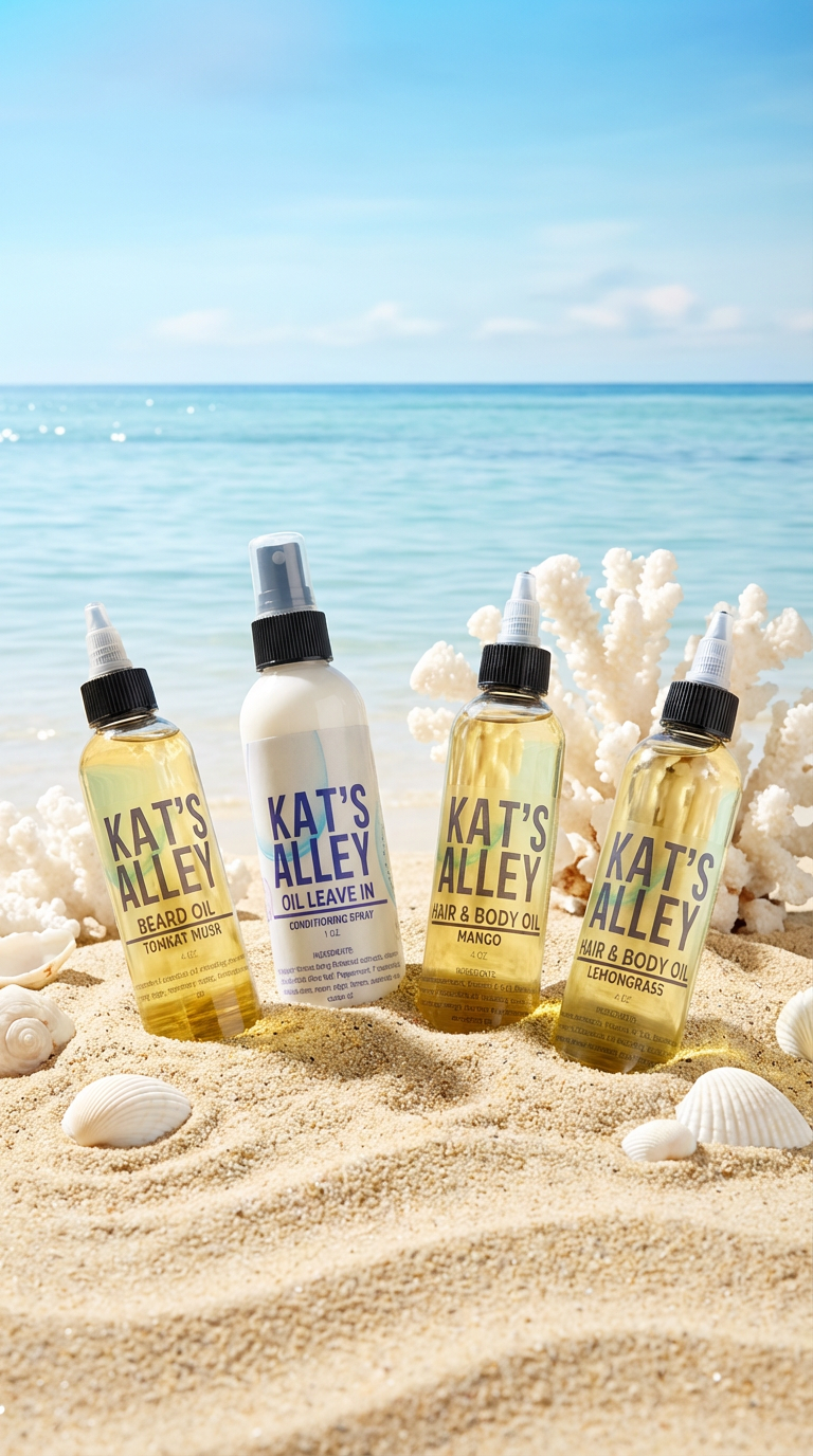 KAT'S ALLEY hair and body oils on sand, with seashells, coral, and the ocean in the background.