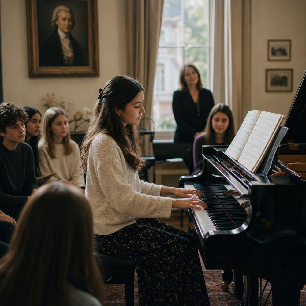 Students participating in a piano master class