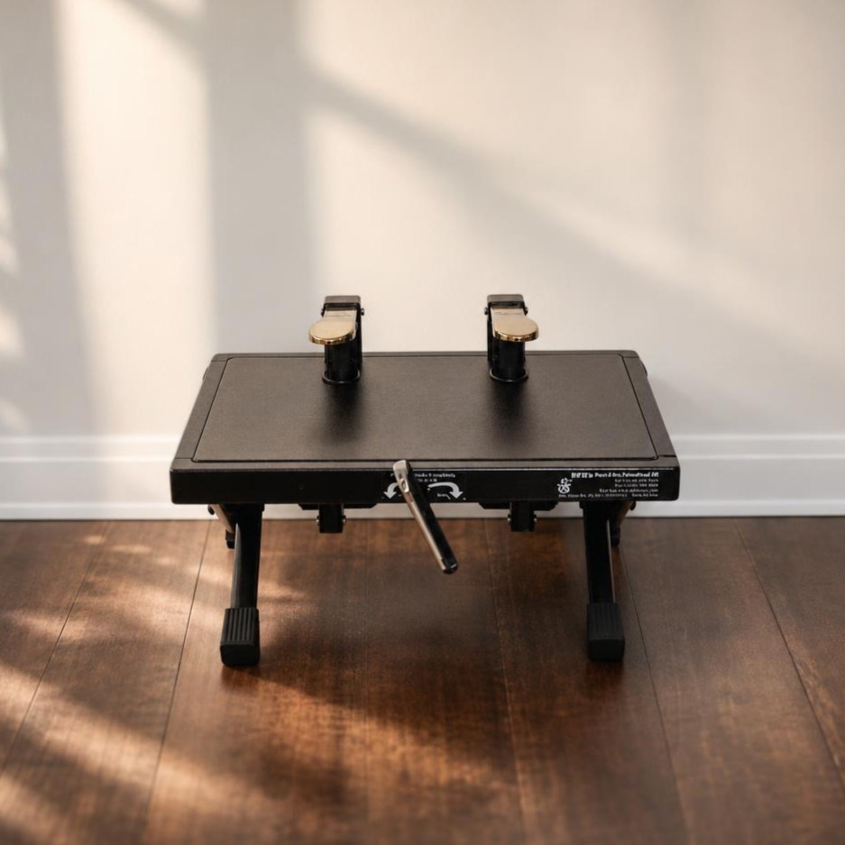 A black adjustable height foot pedal exerciser on a wooden floor with a plain white wall in the background.