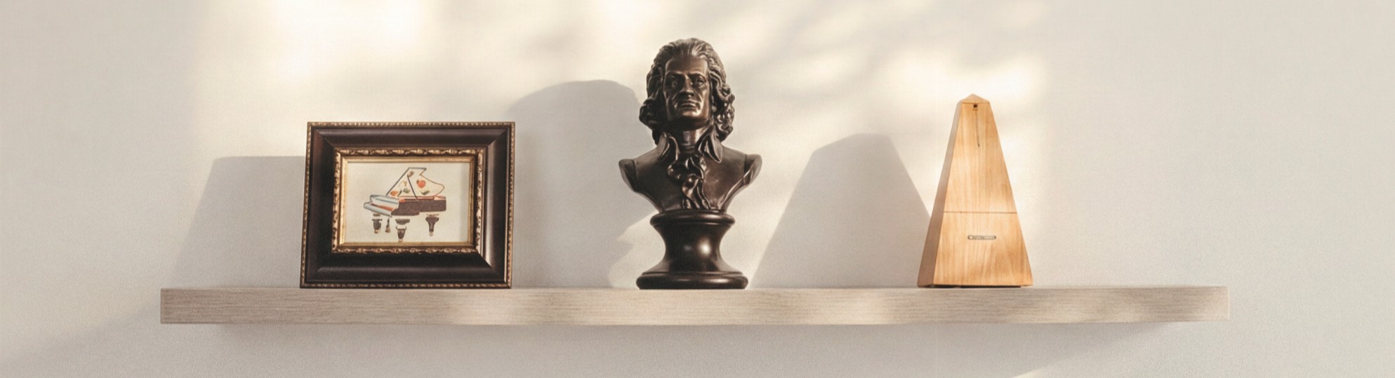 A wooden shelf with a bronze bust of a classical composer displayed beside framed piano artwork and a wooden metronome.