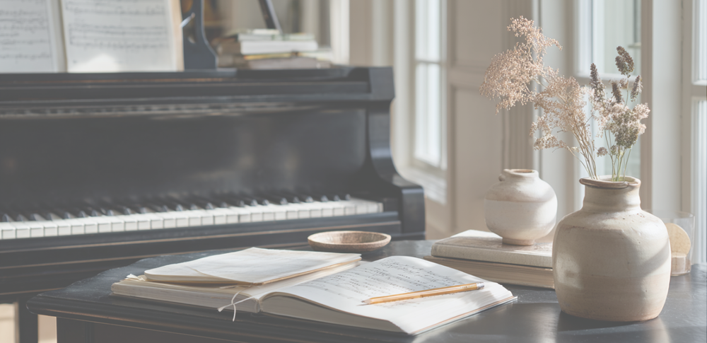 Piano, sheet music, and flowers in the studio