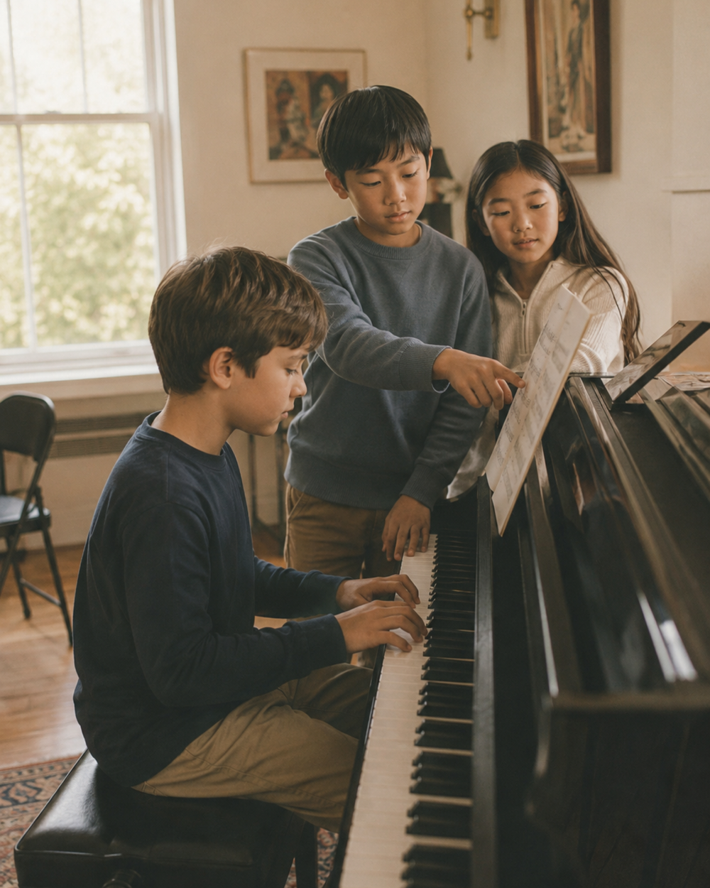 Students learning piano together in a group lesson