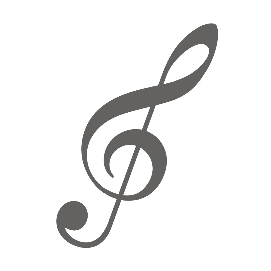 Gray musical treble clef symbol on a black background.