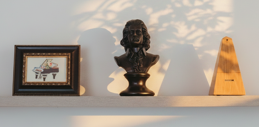 Decorative shelf with a framed painting, a bust sculpture of a woman, and a wooden metronome.