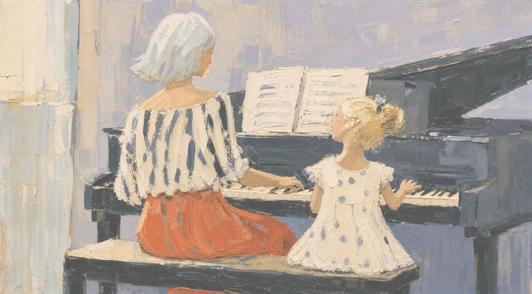 Painting of piano teacher and young student seated together at the piano