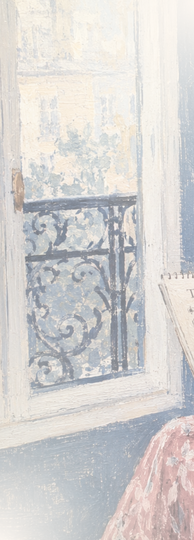 A painted mural of a decorative iron balcony railing on a weathered wall, with part of a pink blanket or fabric in the bottom right corner.