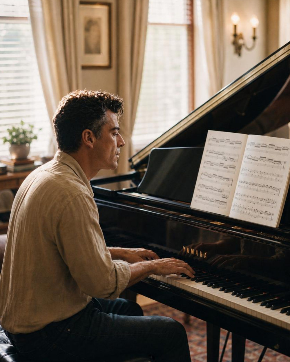 Adult student learning piano