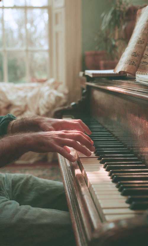 Hands playing piano in a warm studio