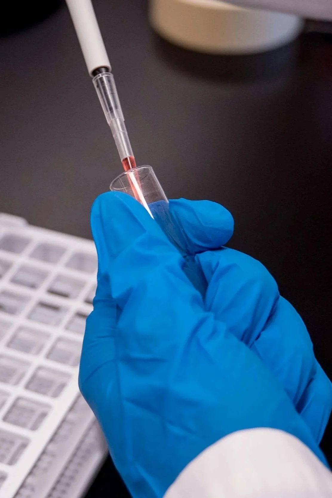 A gloved hand is filling a small test tube with red liquid from a pipette in a laboratory setting.