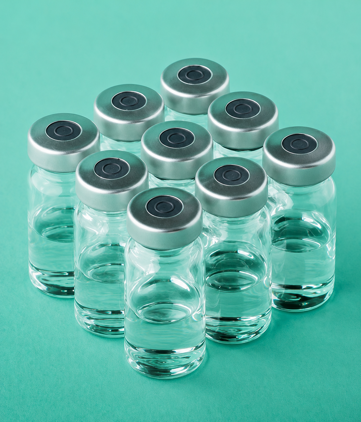 A group of 10 glass vials filled with clear liquid, arranged in a 3-3-4 pattern, with metallic caps on a teal background.