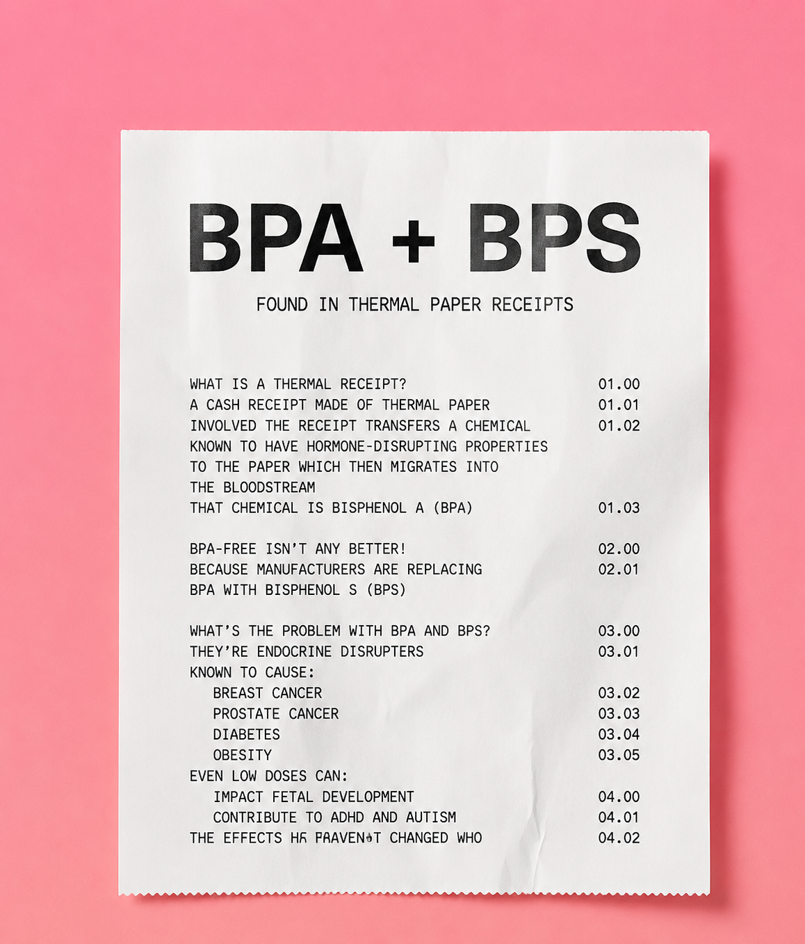 A printed sheet explaining the differences between BPA and BPS, including their presence in thermal paper receipts, health concerns, and the effects of low doses, laid on a pink background.