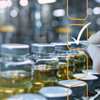 Laboratory setting with multiple glass vials filled with yellow liquid and a hand checking a box on a digital screen.