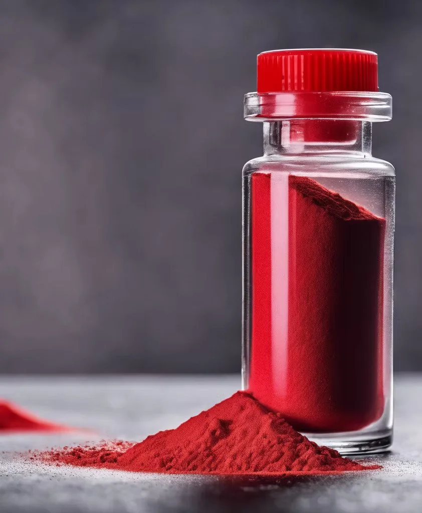 A glass jar filled with red powder, with some spilled onto a gray surface.