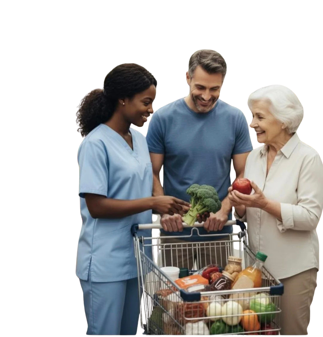 A diversity of people shopping for groceries together, sharing a moment of smiles, with vegetables and a shopping cart in front of them.