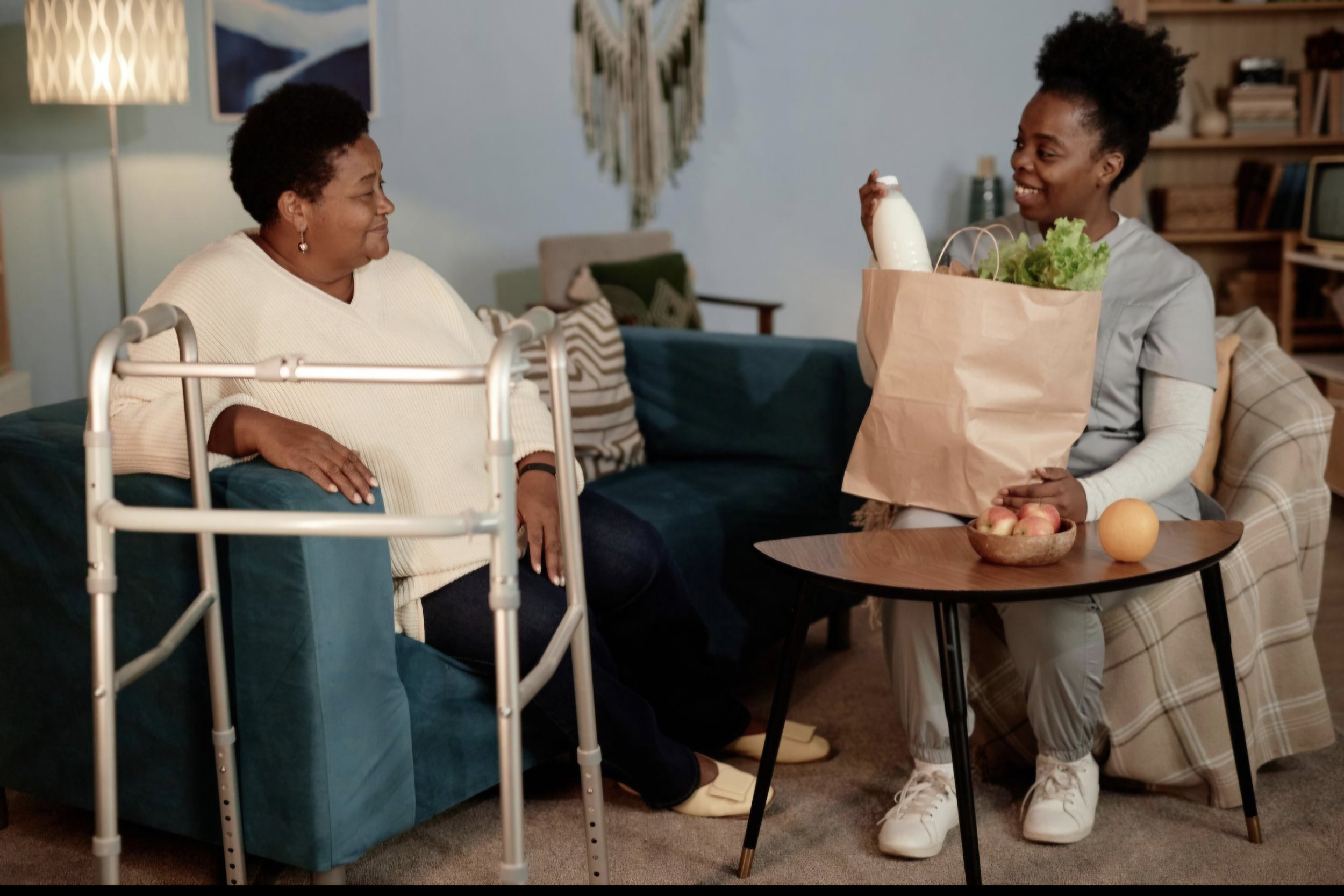 A young woman is giving a grocery bag filled with vegetables and milk to an older woman who is sitting on a couch in a cozy living room, smiling at the young woman.