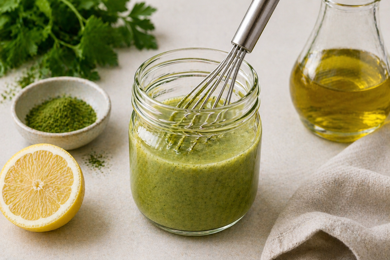 A jar of green smoothie with a metal whisk inside, a half lemon, a small bowl of broccoli microgreens powder, a bottle of yellow oil, fresh green herbs, and a beige cloth on a light-colored surface.