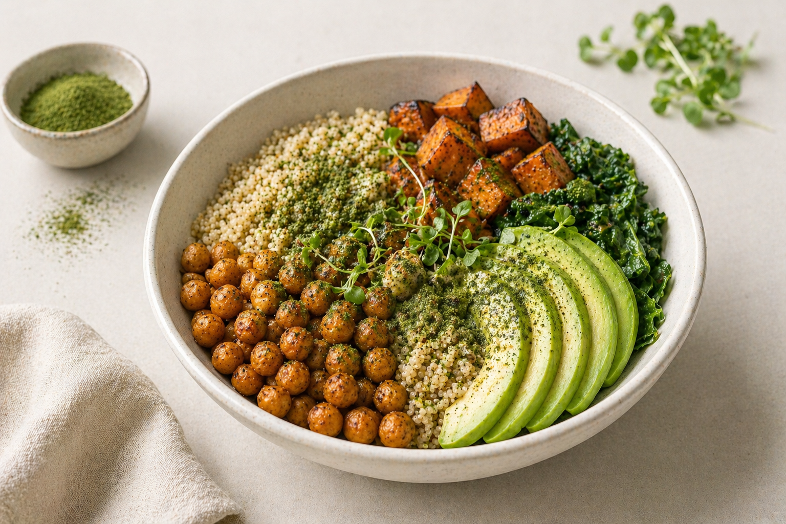 A colorful plant-based salad bowl with seasoned chickpeas, quinoa, roasted sweet potatoes, chopped kale, sliced avocado, and microgreens, garnished with  broccoli microgreens powder.