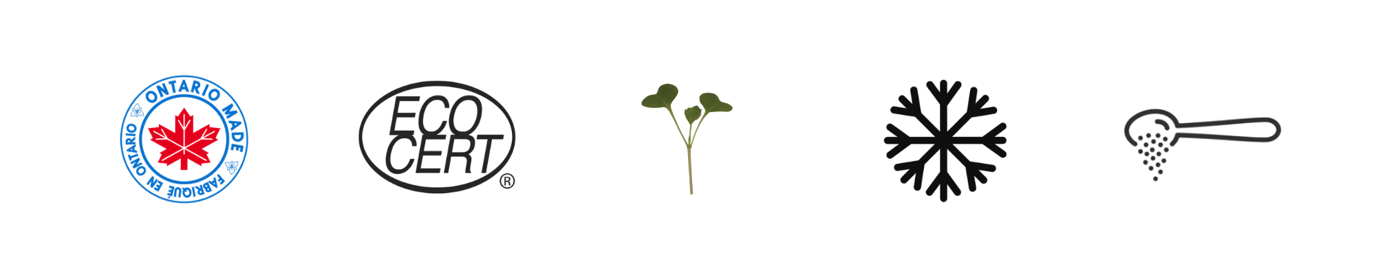 USDA organic certification logo, ECOCERT certification mark, small seedling plant, snowflake symbol, salt shaker with salt