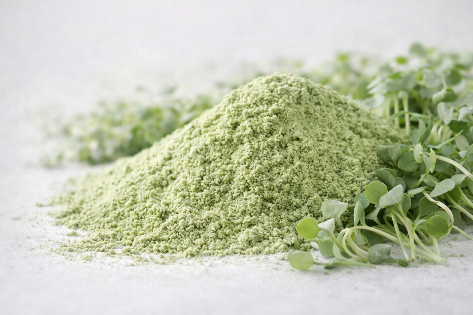 Close-up of a mound of  broccoli microgreens powder, with microgreens on the side, on a white surface.