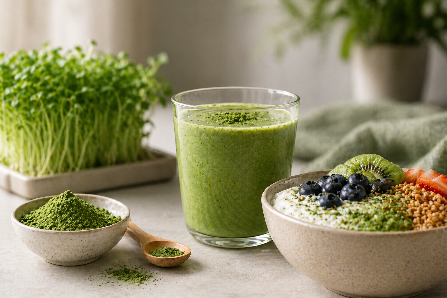 A glass of green smoothie, a bowl of yogurt with blueberries, sliced kiwi, strawberries, and toasted millet grains, a small bowl of broccoli microgreens powder, and a tray of microgreens in the background.