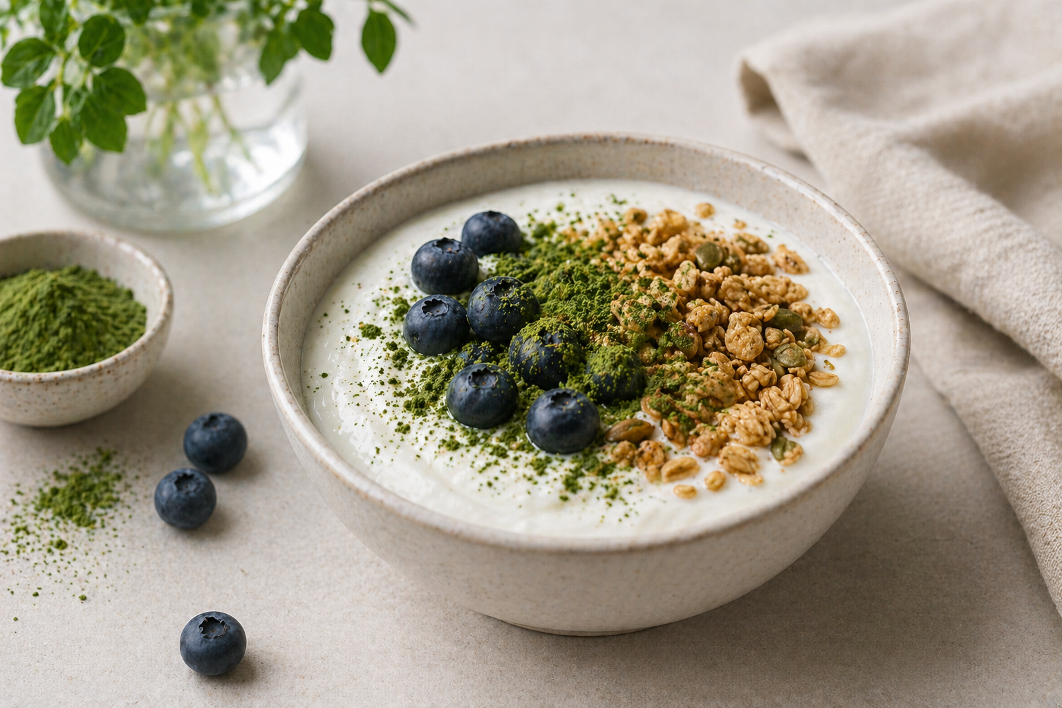 A bowl of yogurt topped with blueberries, granola, and broccoli microgreens powder on a neutral surface with a small bowl of matcha, scattered blueberries, a jar with green leaves, and a beige cloth.
