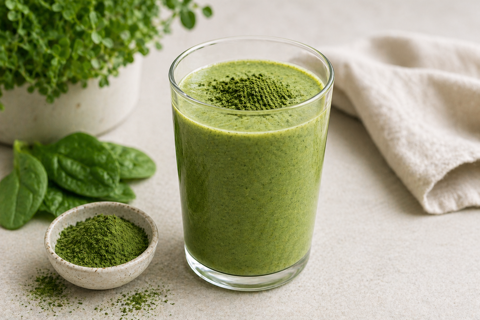 A glass of green smoothie garnished with broccoli microgreens powder, next to fresh spinach leaves, a small bowl of broccoli microgreens powder, and a white towel in the background.
