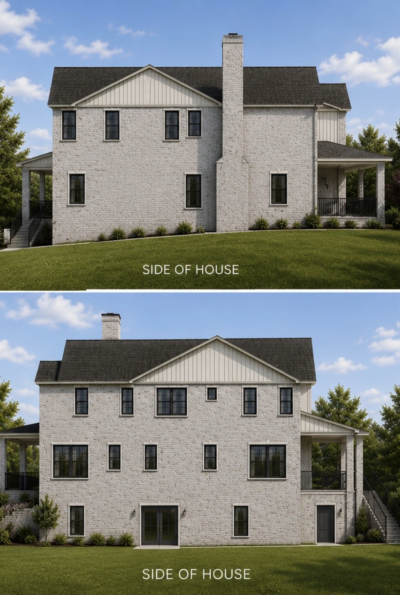 831 Kings Ct side elevation. Features include a fireplace, back patio, windows for natural light, basement entry door, and extensive front patio.