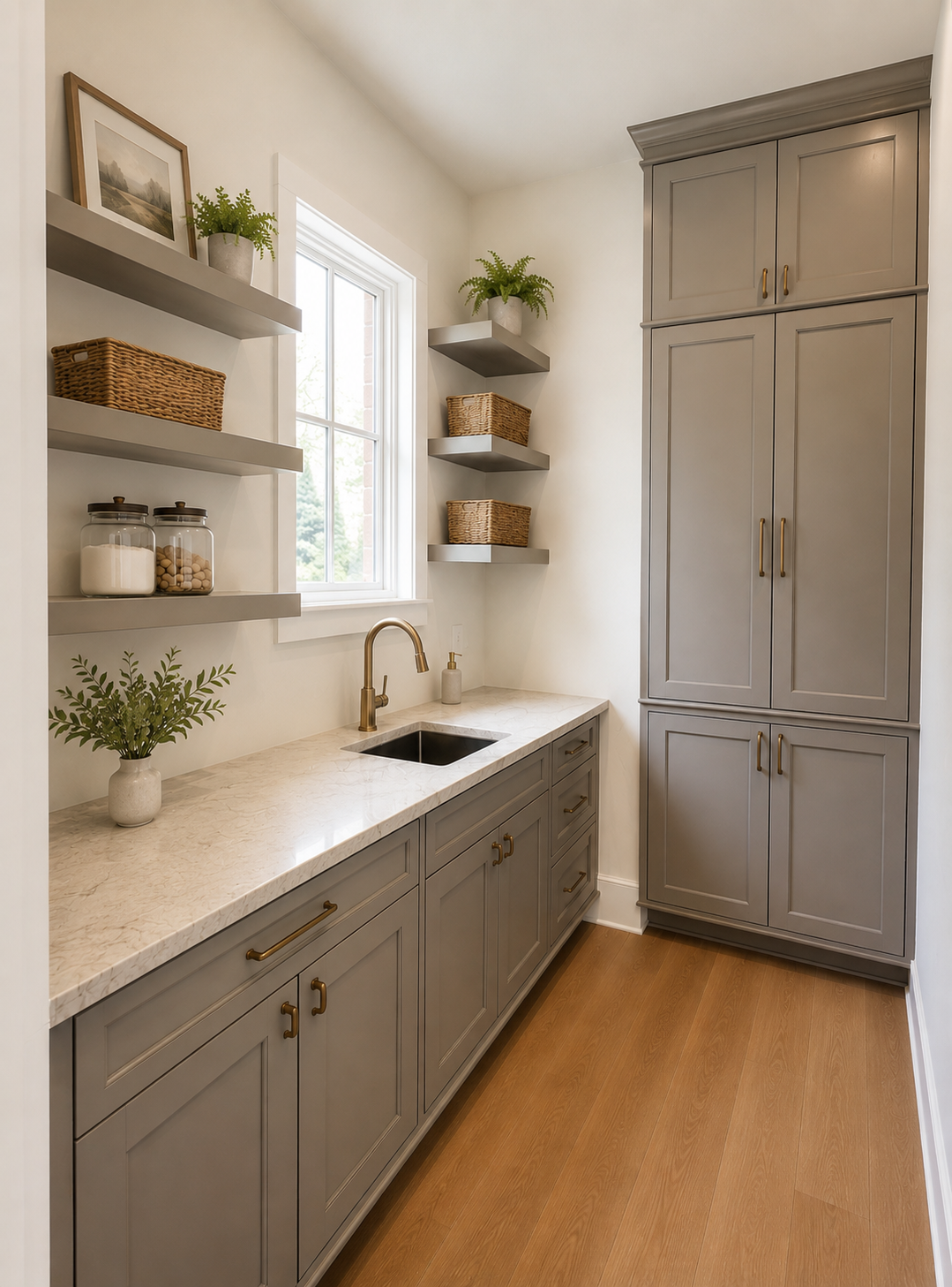 Custom Pantry with built in cabinetry, taj mahal countertops, and floating shelves.