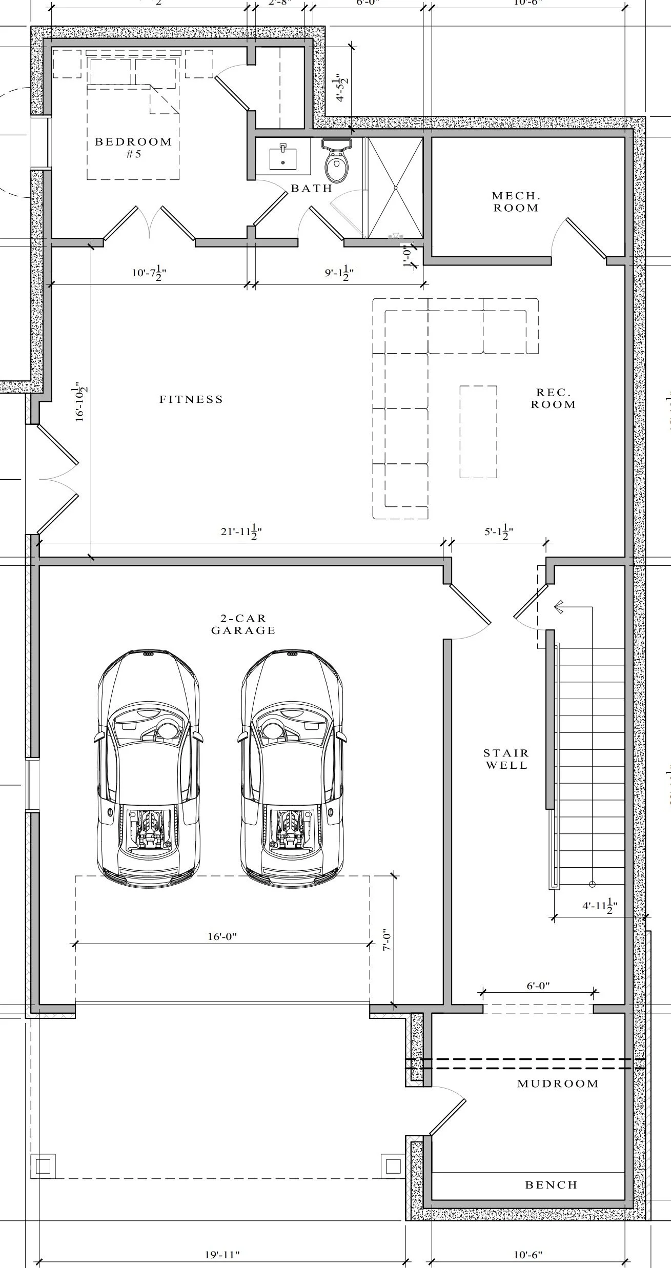 831 Kings Ct - Basement Floor Plan. Features 2 car garage, fitness/rec room, mudroom, and 5th bedroom.
