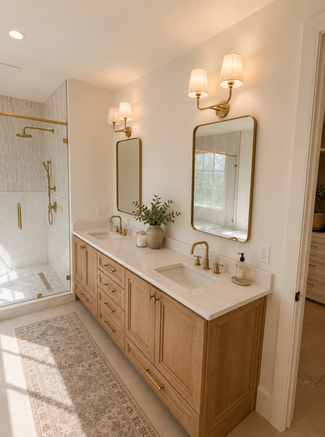 Primary bathroom with double vanity, mirrors, designer, lighting, and large walk-in shower