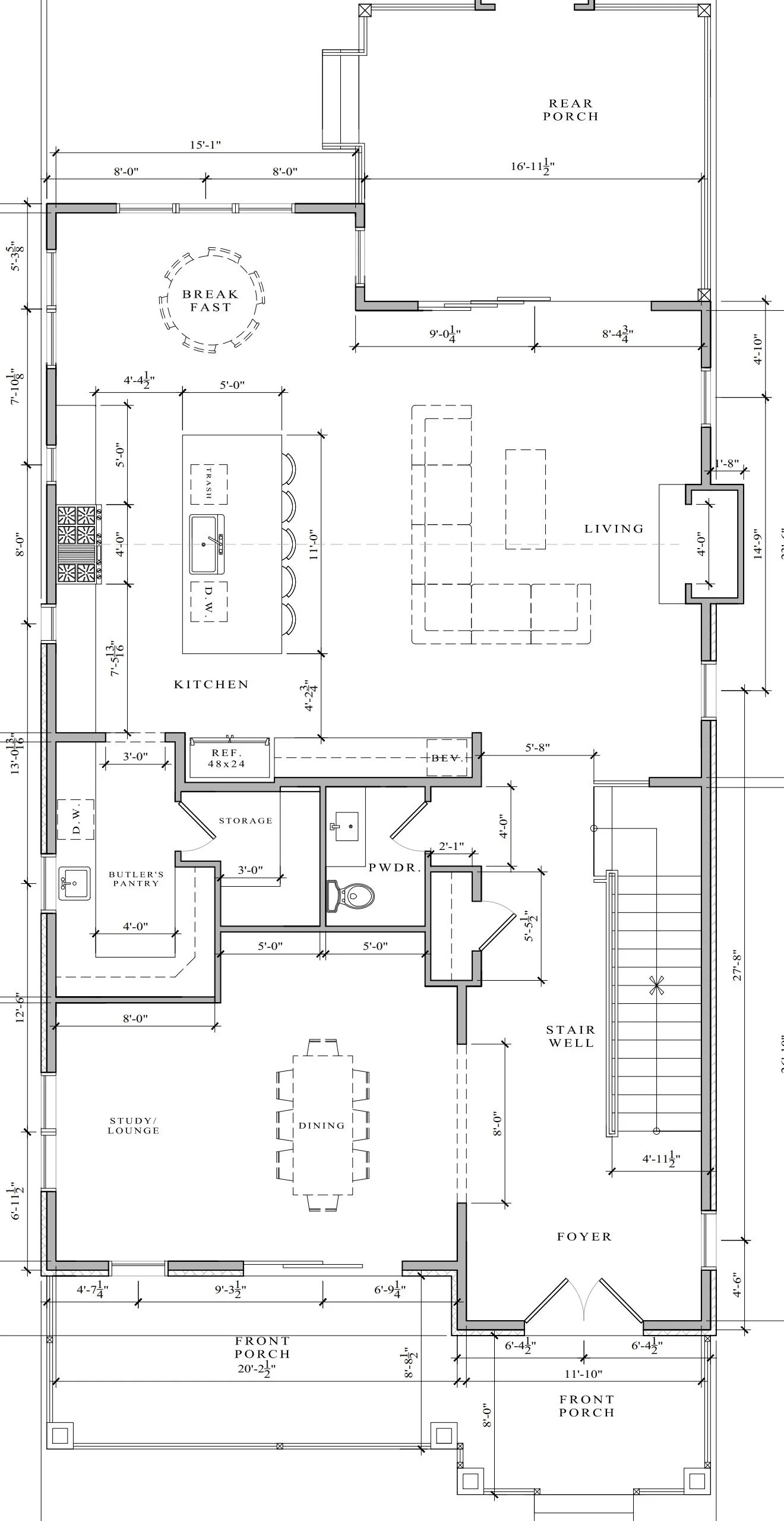 831 Kings Ct - Main Level Floor Plan. Features dinning room, large island, butlers pantry, powder room, and breakfast nook
