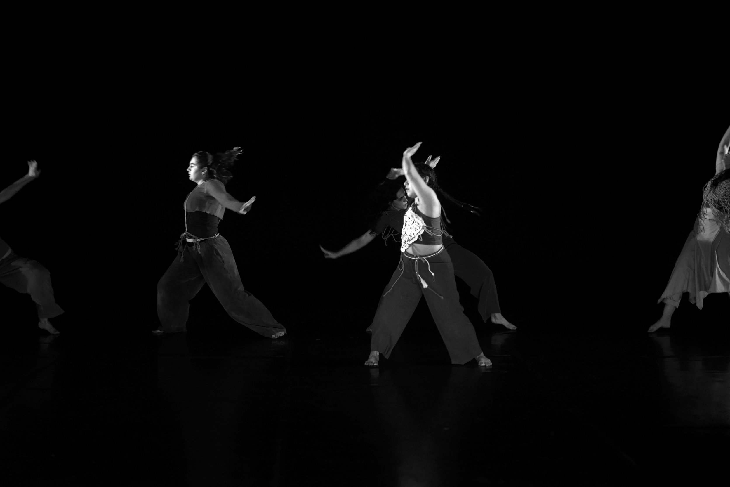 Schwarze und weiße Balletttänzerinnen und Tänzer beim Tanzen auf einer Bühne, schwarz im Hintergrund.