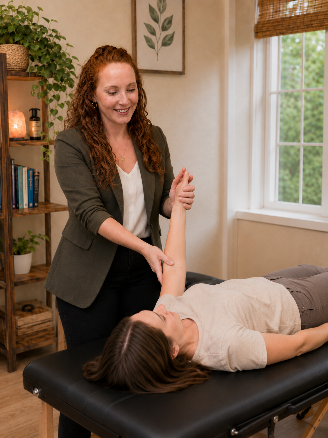 A woman lying on a massage table receiving physical therapy from a therapist in a cozy, well-lit room decorated with plants and books.