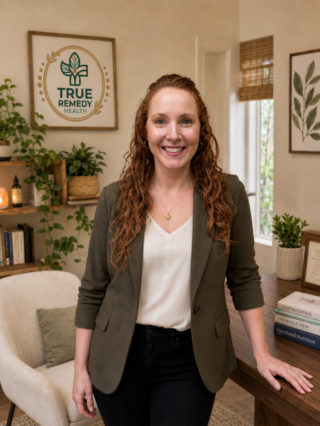 A woman with red curly hair standing in a cozy room, smiling at the camera. Behind her, there are plants, books, a framed quote, and a logo on the wall that reads 'TRUE REMEDY HEALTH.' She is wearing a gray blazer over a white top and has a gold necklace.