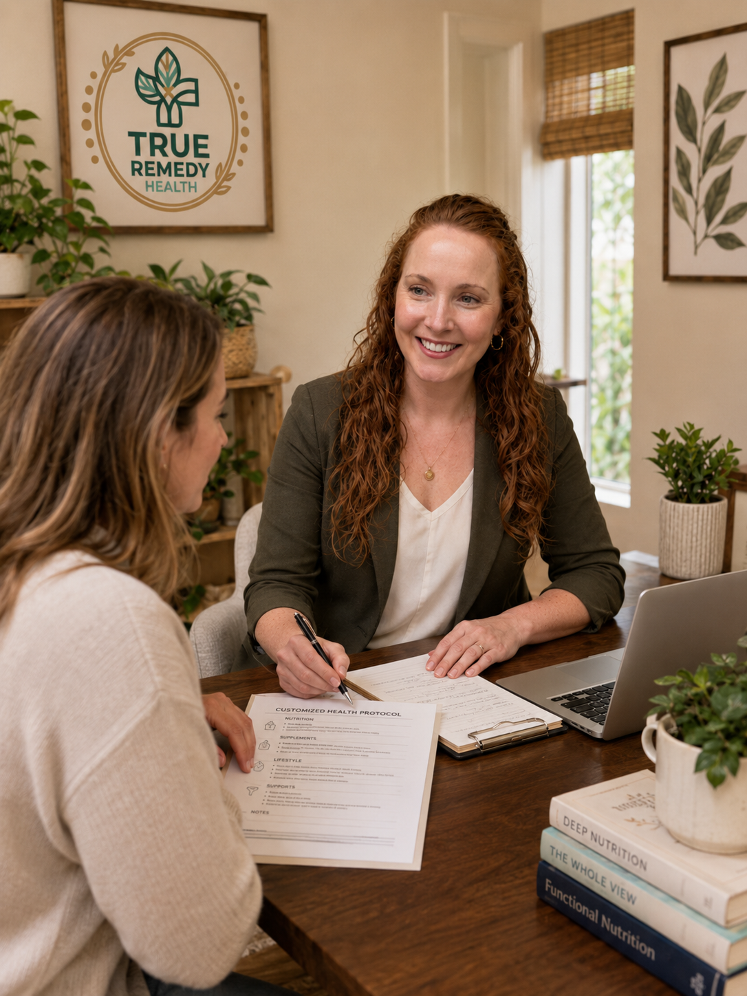 A woman with curly red hair wearing a gray blazer and white top, smiling and talking to another woman with light brown hair, in a cozy, plant-filled office space. They are sitting at a wooden table with documents, a laptop, and books related to health and nutrition. A sign in the background reads 'TRUE REMEDY HEALTH'.