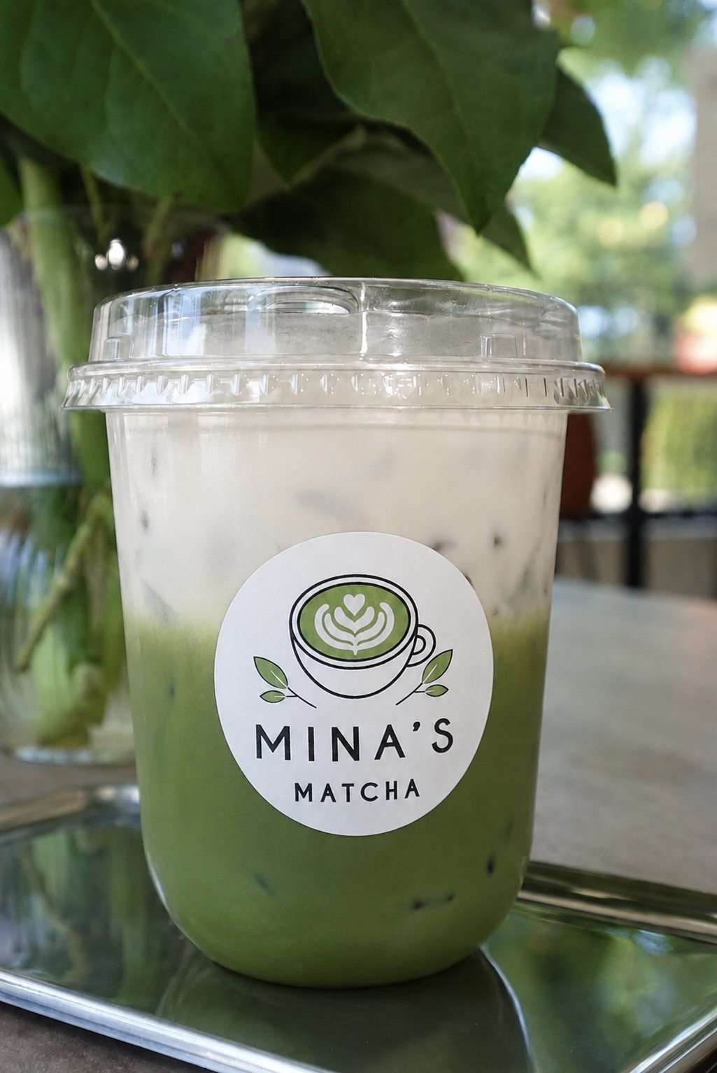 A plastic cup of matcha latte with vanilla cold foam from Mina's Matcha with a clear lid, placed on a reflective surface. A green, leafy plant is in the background.