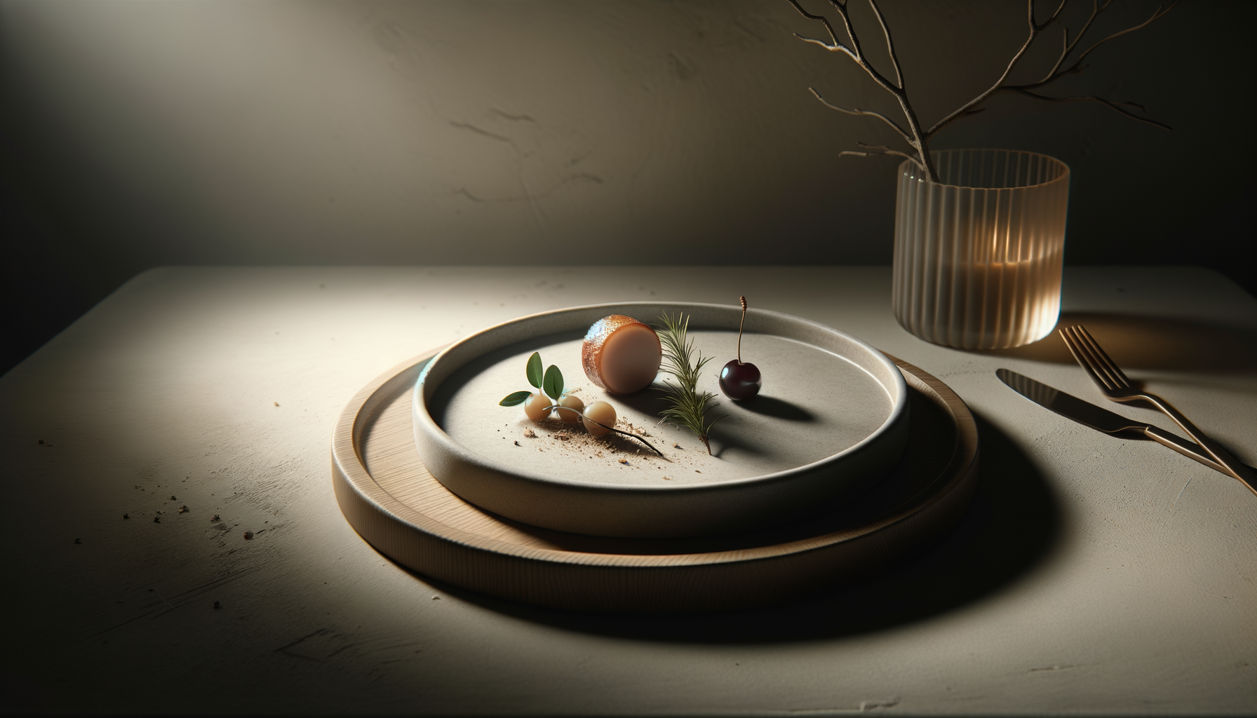 A minimalist table setting with a beige plate holding a small egg, leafy greens, a cherry, and sprigs of herbs, lit with dramatic shadowing; a vase with bare branches, and a fork and knife on the table.