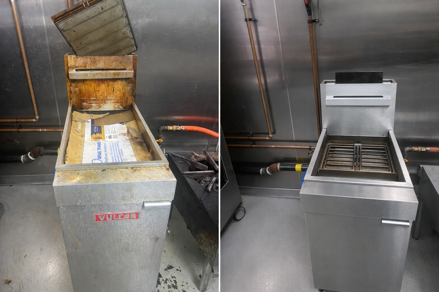Comparison of two commercial deep fryers, showing a before-and-after cleaning transformation. The appliance on the left is dirty and rusty, filled with oil residue, and its lid is open. The appliance on the right appears clean and shiny, with a closed lid and a hygienic appearance.