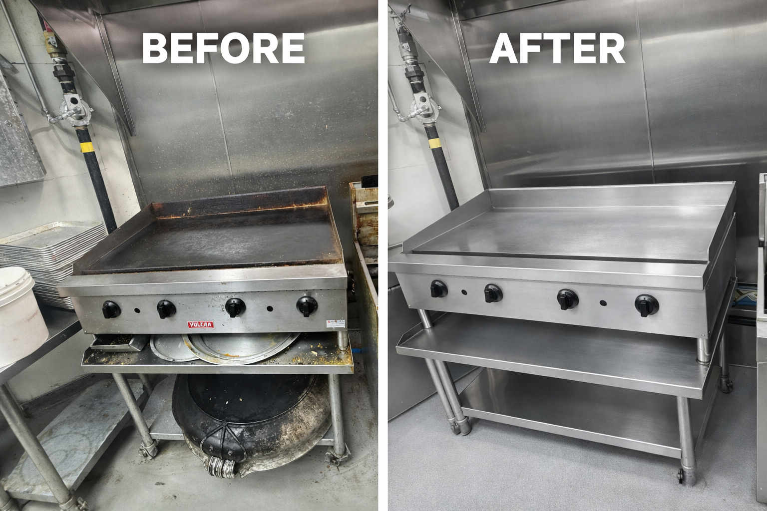 Comparison of a commercial griddle before and after cleaning; the 'before' image shows a dirty, greasy griddle, while the 'after' image displays a clean, shiny stainless steel surface.